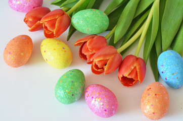 Happy Easter. Congratulatory easter background. Easter eggs and flowers tulip on white background.