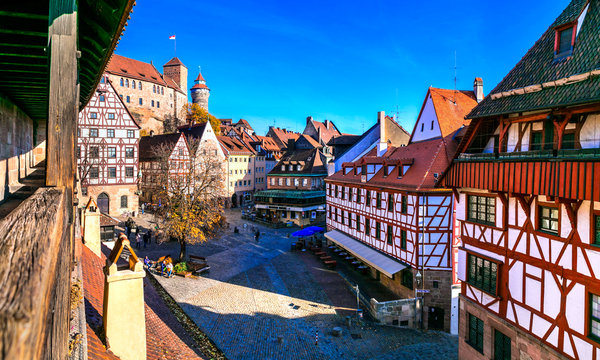  old town of medieval Nuremberg with traditional architecture, view from city wall. Travel in Germany