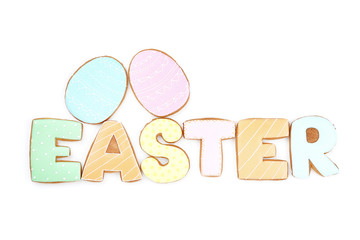 Word Easter with egg cookies isolated on white background