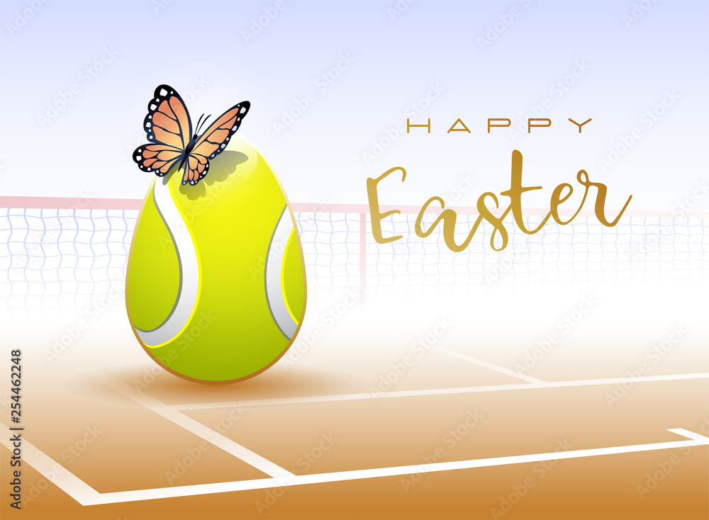 Poster Happy Easter. Easter egg in the form of a tennis ball with Butterfly. Vector illustration.