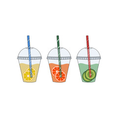 Fresh juice in plastic cups vector illustration. Juice with fruit in takeaway cup.