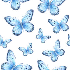 Fototapeta na wymiar Watercolor seamless pattern with hand drawn flying blue butterflies on white background