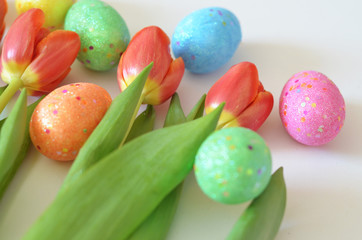 Happy Easter. Congratulatory easter background. Easter eggs and flowers tulip on white background.