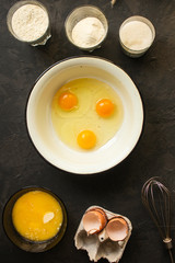 raw eggs, cooking process (ingredients). food background. copy space