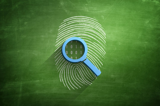 Fingerprint and magnifying glass 3d illustration