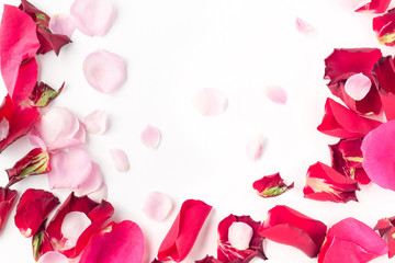 Rose flowers petals on white background. Valentines day background. Flat lay, top view, copy space.