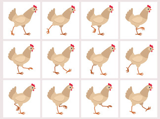 Walking light brown hen animation sprite sheet isolated on white background