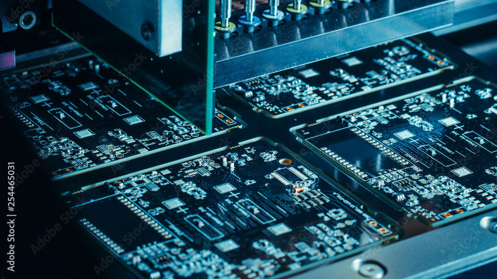 Poster factory machine at work: electronic pcb being assembled with automated cnc robotic arm, smt connecti