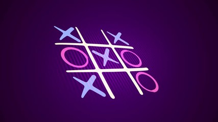 Optimistic 3d rendering of a noughts and crosses game with a white grid, pink and blue marks and an original end with a long line in the black background. It looks hilarious and fine.