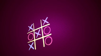 Jolly 3d rendering of a noughts and crosses game with a white grid, pink and blue marks and an original end with a long line in the purple background placed aslant. It looks childish.