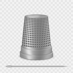 Creative vector illustration of needle, thimble isolated on transparent white background. Art design sewing tailor tools and accessories. Abstract concept graphic silver metal vintage element - obrazy, fototapety, plakaty