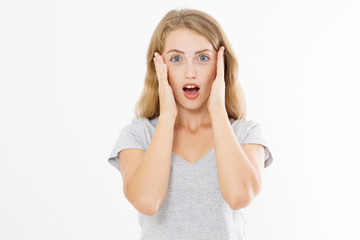 Surprised shocked excited caucasian woman wow face isolated on white background. Young girl in summer t shirt. Copy space