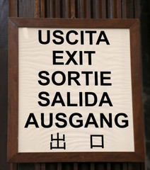 text EXIT in many languages Italian English French Spanish Germa