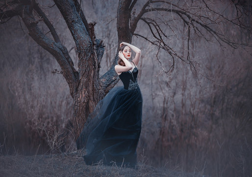 amazing tender brunette, lady in a long black dress with bare open arms and shoulders, the girl alone in the autumn cold forest, the weather in November is a dark princess in the form of crow