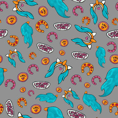 Cute unicorn staff seamless pattern. colorful objects repeating background for web and print purpose. marker art