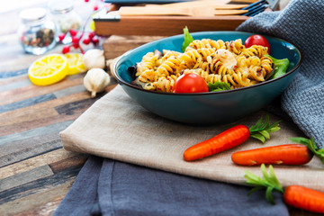 fusilli roast chicken and Italian cheese with basil and parmesan sauce