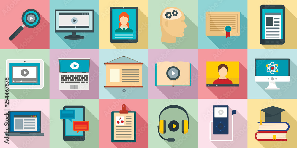 Poster interactive learning icons set. flat set of interactive learning vector icons for web design