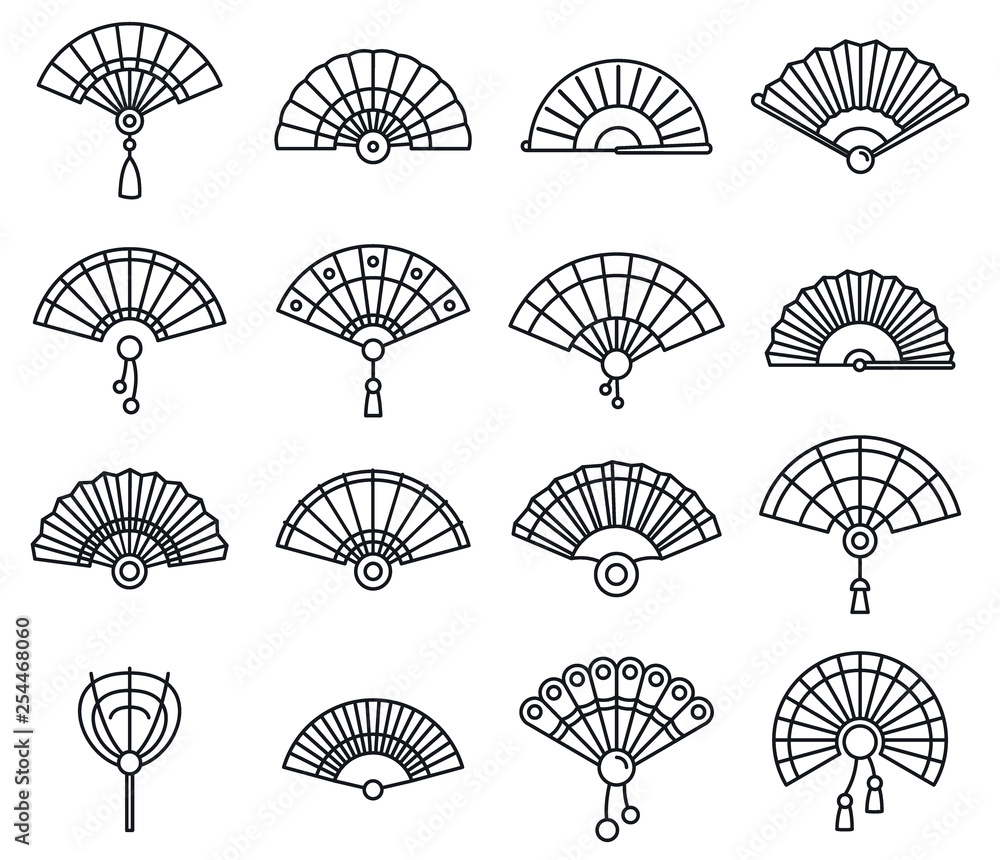 Poster paper handheld fan icons set. outline set of paper handheld fan vector icons for web design isolated