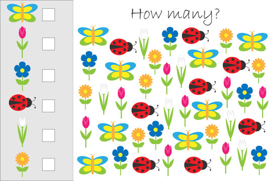 How many counting game with summer pictures for kids, educational maths task for the development of logical thinking, preschool worksheet activity, count and write the result, vector illustration