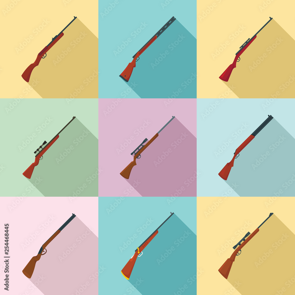 Poster hunting rifle icons set. flat set of hunting rifle vector icons for web design