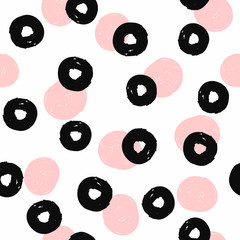 Seamless pattern with circles and round spots drawn by rough brush. Sketch, watercolor, grunge print. Vector illustration.