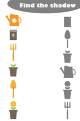 Find the shadow, spring garden game for children in cartoon style, education game for kids, preschool worksheet activity, task for the development of logical thinking, vector illustration