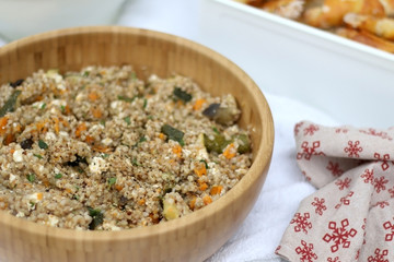 Buckwheat, sweet potato, zucchini and feta cheese salad. Close-up, selective focus.