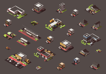 Vector set with isometric city buildings and transport.