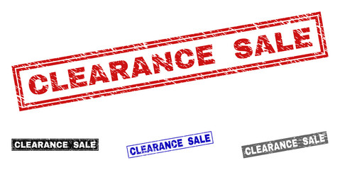 Grunge CLEARANCE SALE rectangle stamp seals isolated on a white background. Rectangular seals with grunge texture in red, blue, black and grey colors.