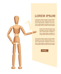 Wooden mannequin stand and show the text. Flat vector illustration on white background. Place for text. Web site page and mobile app design