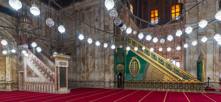 Engraved Marble Alabaster Platform (Minbar) And Wooden Green Decorated Platform At The Great Mosque Of Muhammad Ali Pasha (Alabaster Mosque), Situated In The Citadel Of Cairo In Egypt