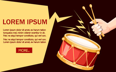 Fototapeta na wymiar Red drum and wooden drum sticks. Hand hold drumsticks. Musical instrument, drum machine. Flat vector illustration on dark background. Place for text, red button. Website and mobile app concept