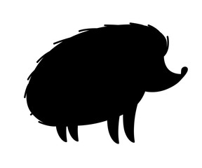 Black silhouette. Cute hedgehog. Mammals subfamily Erinaceinae. Cartoon animal design. Flat vector illustration isolated on white background. Forest inhabitant