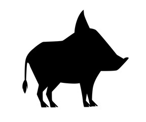 Black silhouette. Cute Brown boar. Warthog character with fangs. Cartoon animal design. Flat vector illustration isolated on white background. Forest inhabitant. Wild animal with dark brown fur