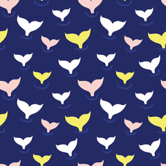Fototapeta na wymiar Seamless pattern with whale fin in ocean wave vector. Cute Marine background blue, pink, white, yellow. Silhouette of whale tail. For fabric, baby clothes, wrapping paper, kids decor