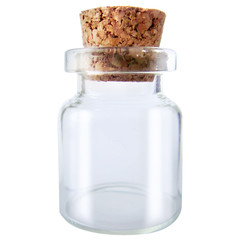 Glass bottle with cork stopper isolated on white background. Empty bottle with shadow.