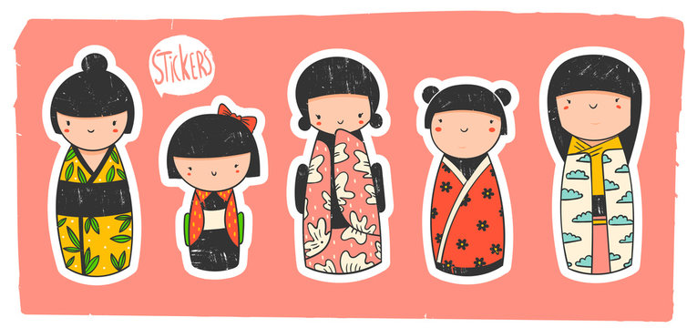 Cute Kokeshi dolls. Various characters. Traditional japanese toys. Kawaii illustration. Hand drawn colored vector set. Stamp texture. All elements are isolated. Pre-made sticker set