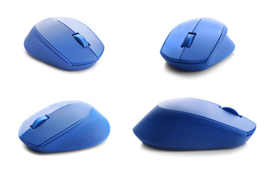 Set of modern computer mice on white background