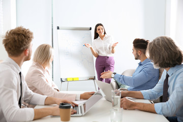 Fototapeta premium Business people listening to leader on meeting in office. Professional communication