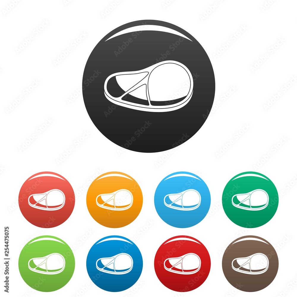 Poster raw steak icons set 9 color vector isolated on white for any design
