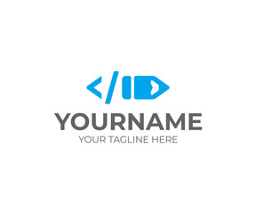 Fototapeta premium Developing code logo design. Software source code vector design. Programming code with pencil logotype