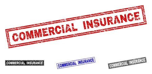 Grunge COMMERCIAL INSURANCE rectangle watermarks isolated on a white background. Rectangular seals with grunge texture in red, blue, black and grey colors.