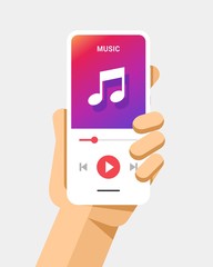 Hand holds the smartphone with music player application. Flat vector modern phone mock-up illustration