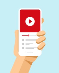 Hand holds the smartphone with video file on the screen. Flat vector modern phone mock-up illustration