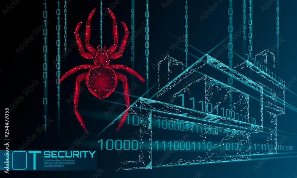 Poster smart house iot cybersecurity spider concept. personal data safety internet of things cyber attack. 