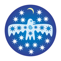 Mystical bird on a background of stars and the moon on a blue circle background. Vector graphics.