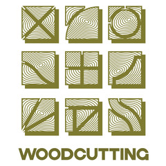 illustration consisting of a picture of a piece of wood and the inscription " woodcutting" in the form of a symbol or logo