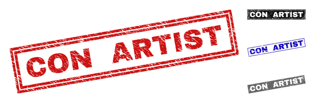 Grunge CON ARTIST rectangle stamp seals isolated on a white background. Rectangular seals with grunge texture in red, blue, black and gray colors.