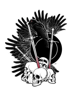 recommend clip art: Allegory of war. Human skulls, swords and Crow. Conceptual art, tattoo or tarot card design. Black and white drawing. EPS10 vector illustration
