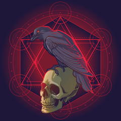 Human skulls and Crow. Solomon Star on a background. Conceptual art, tattoo or tarot card design. EPS10 vector illustration